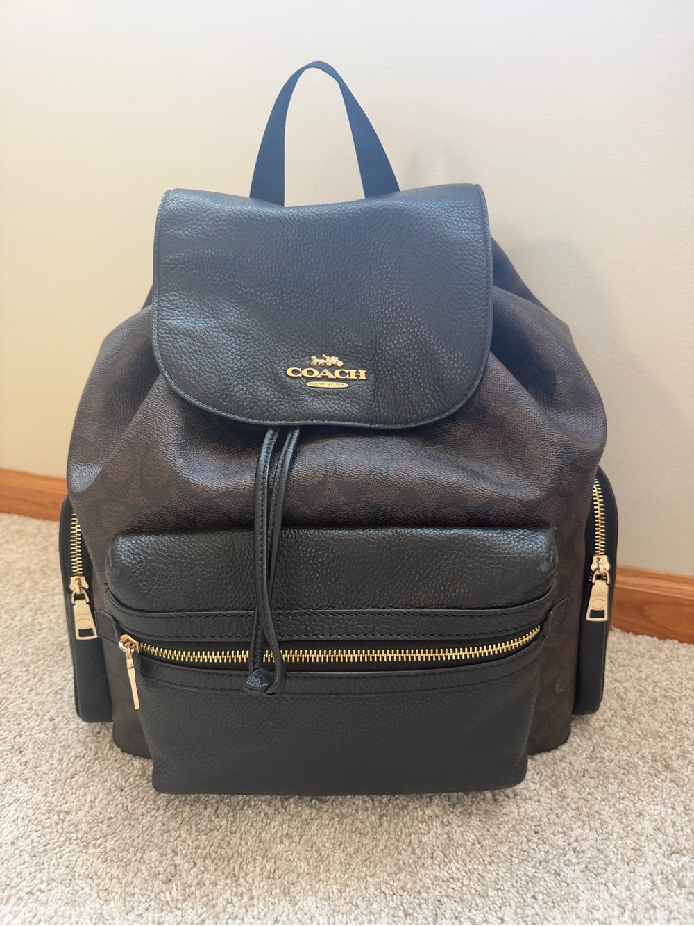 Coach Dark Brown and Black Leather Signature Backpack with Gold Hardware